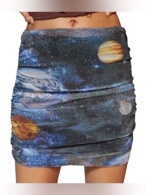 Urban Outfitters Y2K Small Liza Mesh Celestial Galaxy Mini Skirt Ruched Grunge
